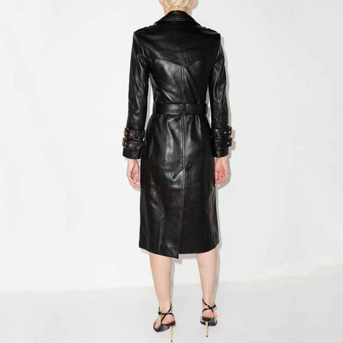 Women Beltted Double Breasted Faux Leather Trench Coat