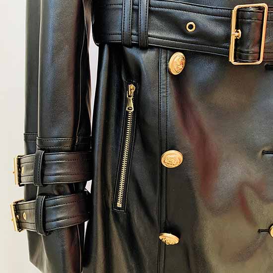Women Black Trench Leather Coata Double Breast Outwear Coat With Belt