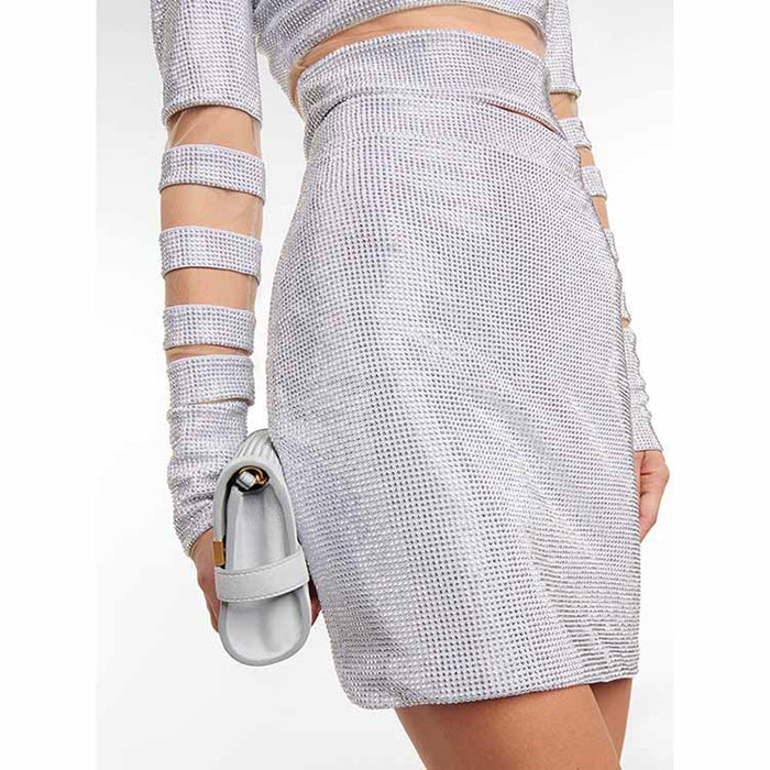 Women Bling Bling Rhinestones Mesh Sexy Fitted Crop Top + Mini Skirt Suit Party Suit