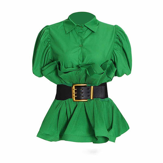 Women Bubble Sleeve Waistband Shirt Top
