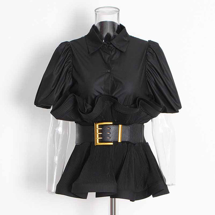 Women Bubble Sleeve Waistband Shirt Top