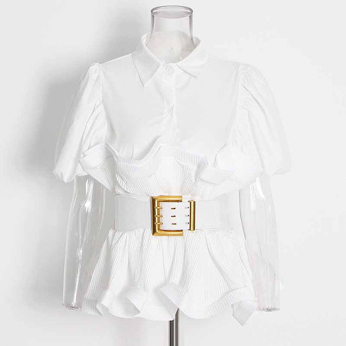 Women Bubble Sleeve Waistband Shirt Top