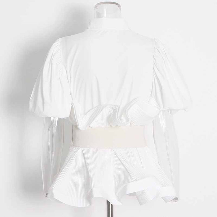 Women Bubble Sleeve Waistband Shirt Top