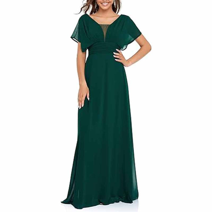Women Chiffon Bridesmaid Dress Puff Sleeves Long Prom Dress