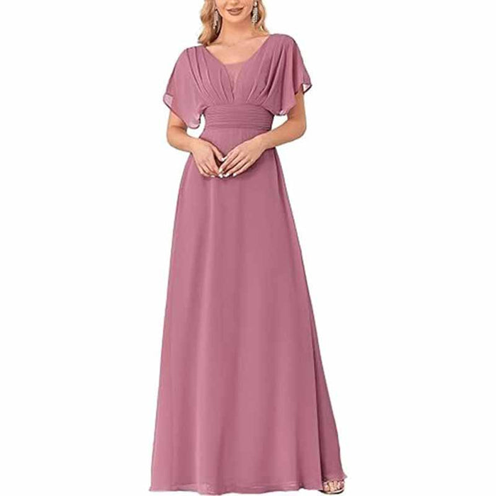 Women Chiffon Bridesmaid Dress Puff Sleeves Long Prom Dress