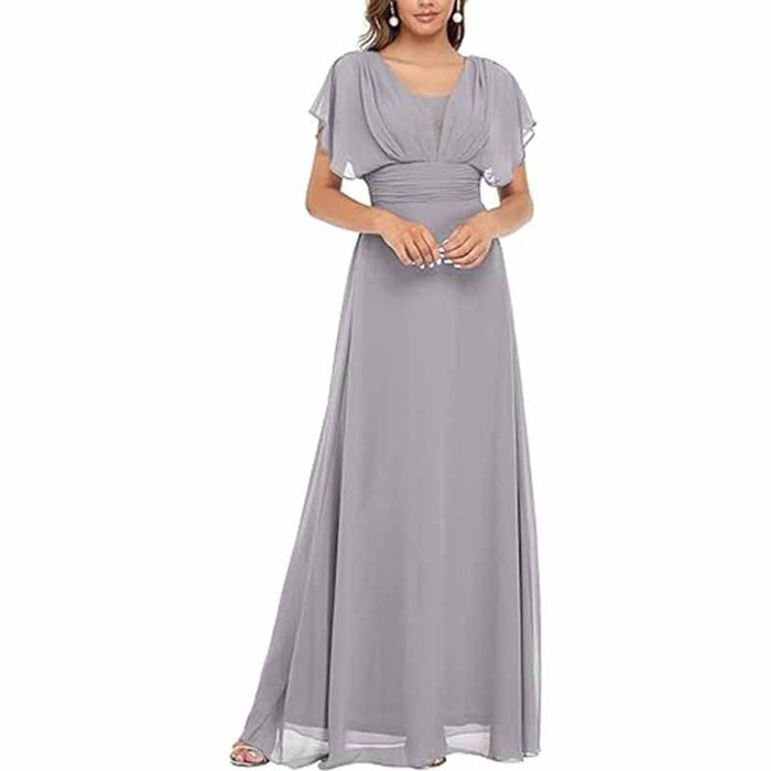 Women Chiffon Bridesmaid Dress Puff Sleeves Long Prom Dress
