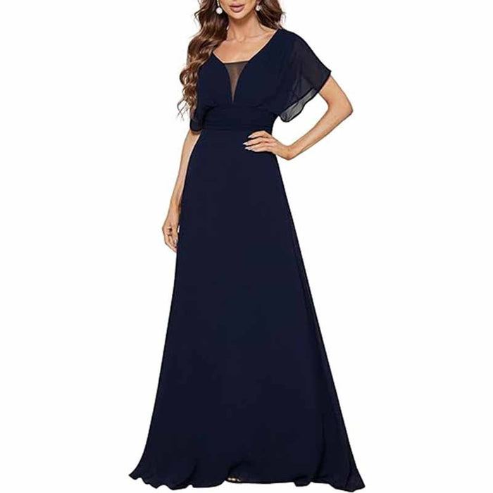Women Chiffon Bridesmaid Dress Puff Sleeves Long Prom Dress