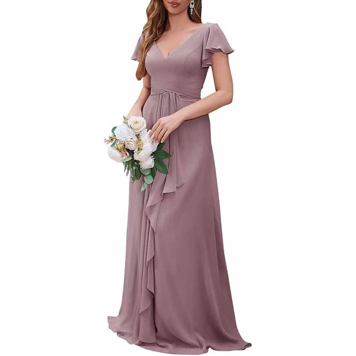 Women Chiffon Bridesmaid Dresses Short Sleeve Long Prom Dress V Neck Evening Gown