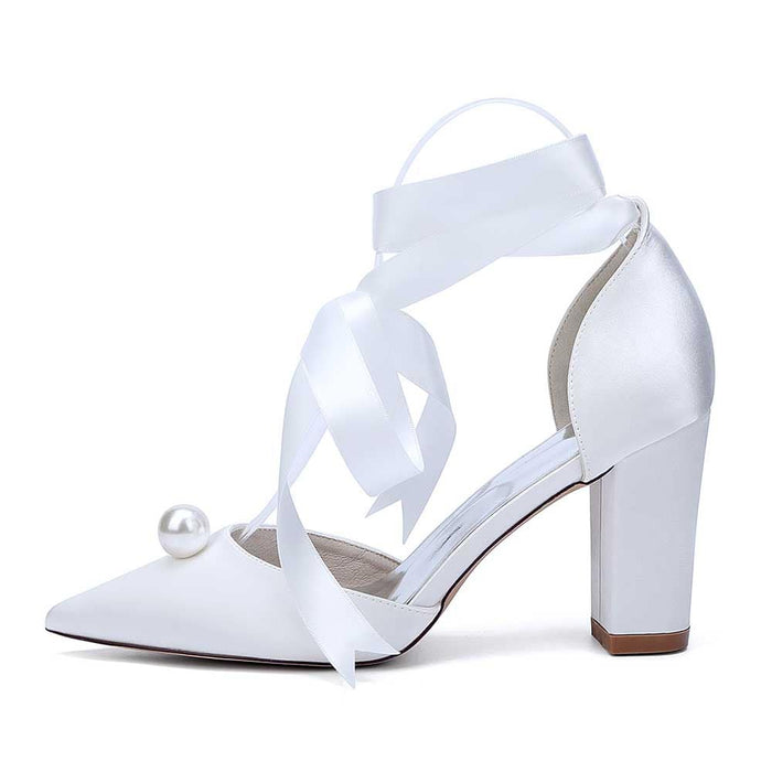 Elegant S&DCo. women chunky heel wedding shoes with satin finish and decorative ribbon ties