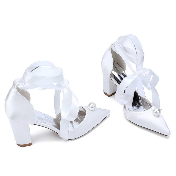 Elegant S&DCo. women chunky heel wedding shoes with ribbon ties and pearl accents