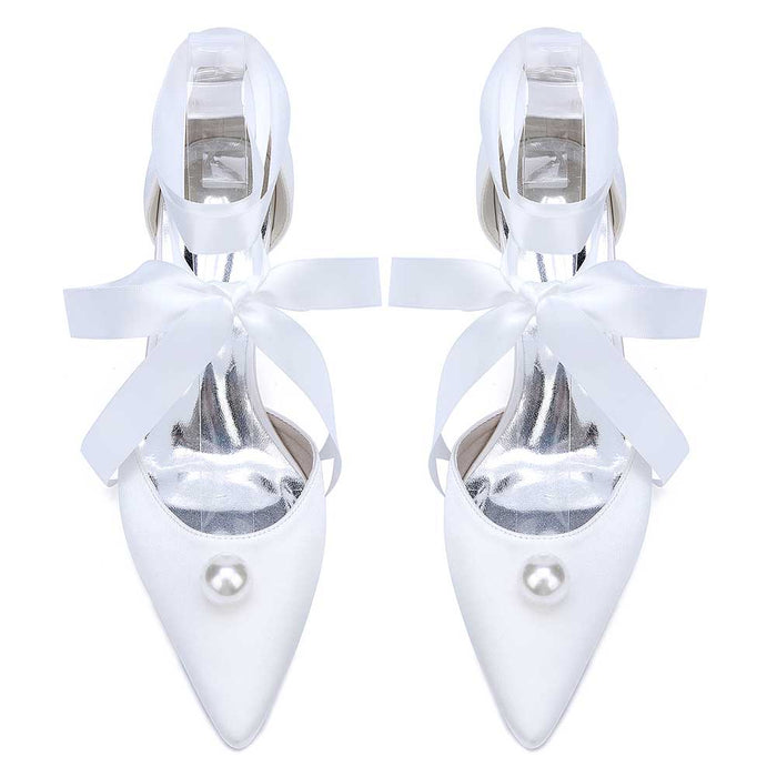 S&DCo. women chunky heel wedding shoes in white with ribbon ties and pearl detail