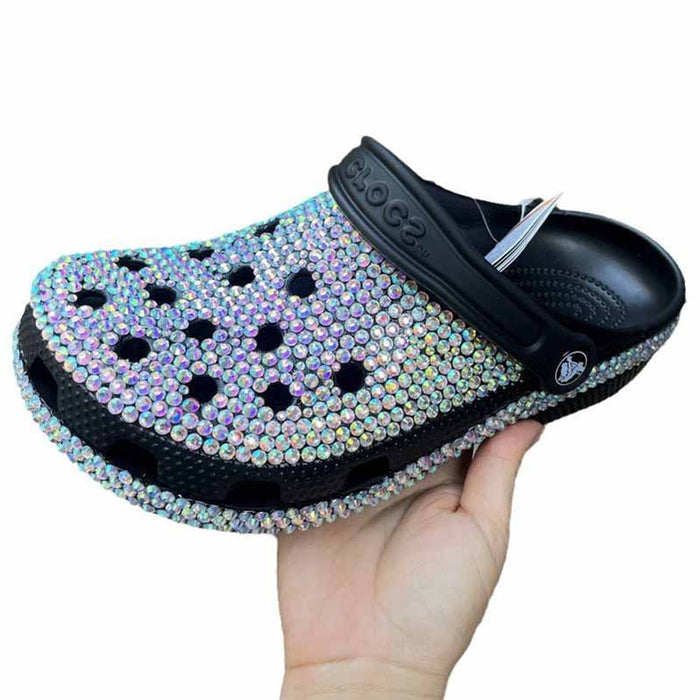 Women Crocs Closed Toe Clog Shoes Rhinestone Beads Mules Slip on Sandals Black