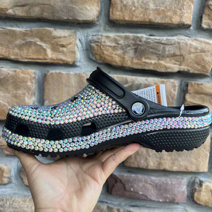 Women Crocs Closed Toe Clog Shoes Rhinestone Beads Mules Slip on Sandals Black