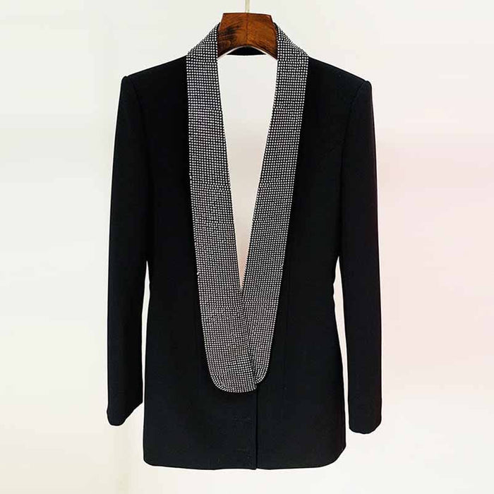 Women Deep V Rhinestone Blazer in Black Backless Coat Dress