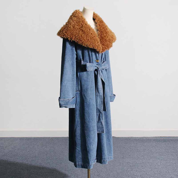 Women Denim Blue Coat With Removable Faux Fur Collar Long Length Coat Lace-Up Jacket