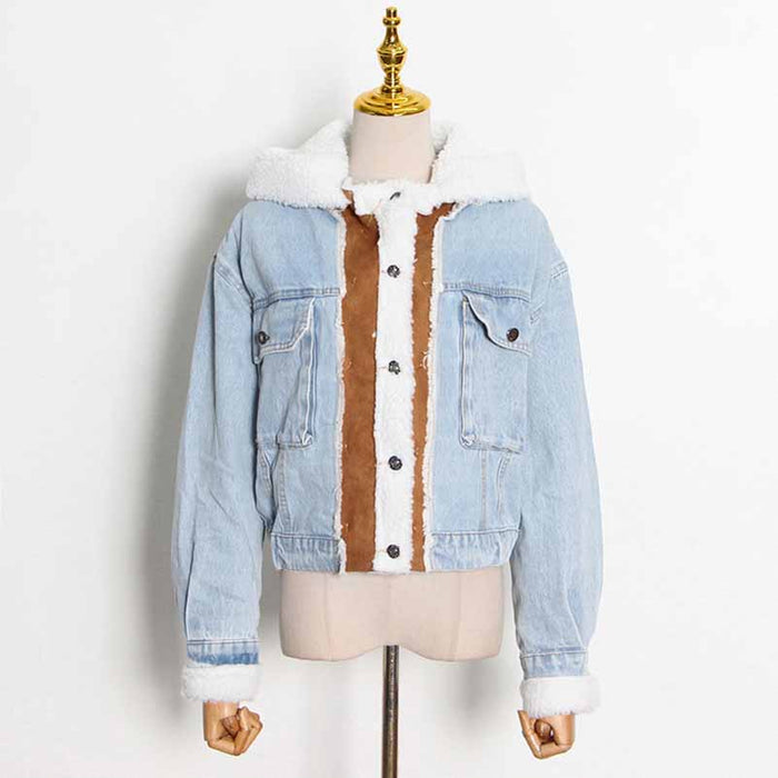 Women Denim Blue Lambswool Single Breasted Short Jacket