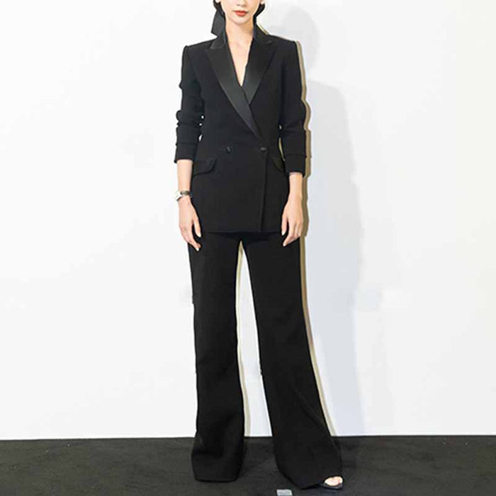 Women Double Breasted 2 Pieces Pantsuits Black Event Suits Formal Slim Suits