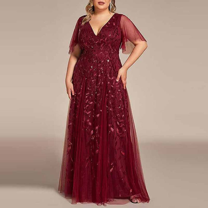 Women embroidery Lace Bridesmaid Dress V Neck Long Prom Dress