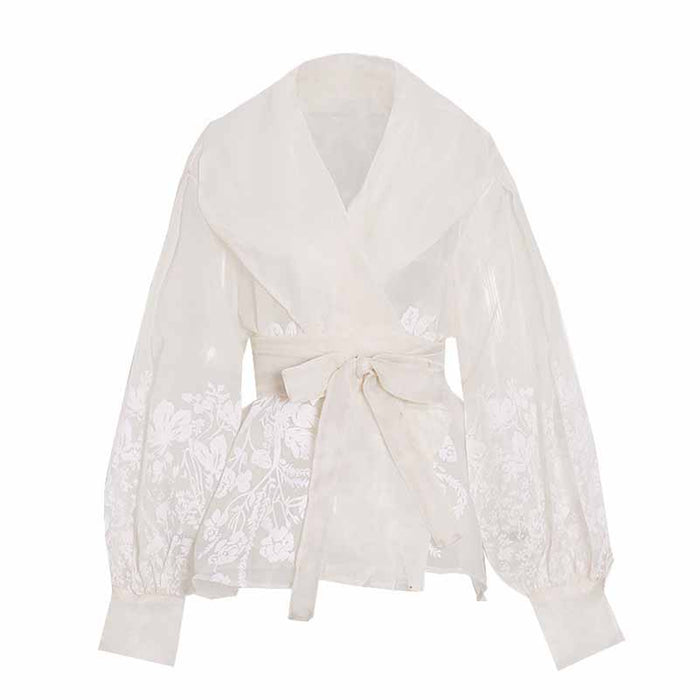 Women French Court Style Printed Shirt Lace Up Blouse