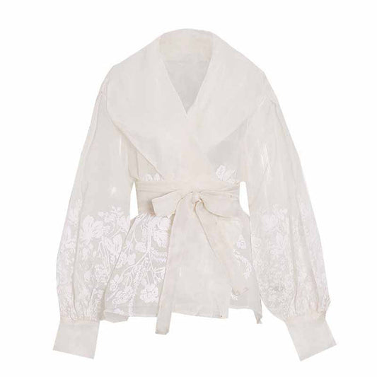 Women French Court Style Printed Shirt Lace Up Blouse