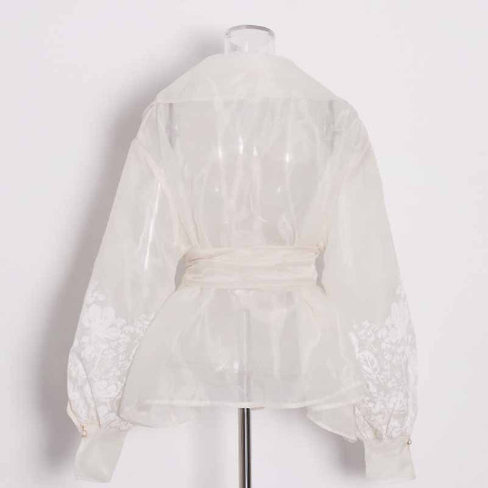 Women French Court Style Printed Shirt Lace Up Blouse