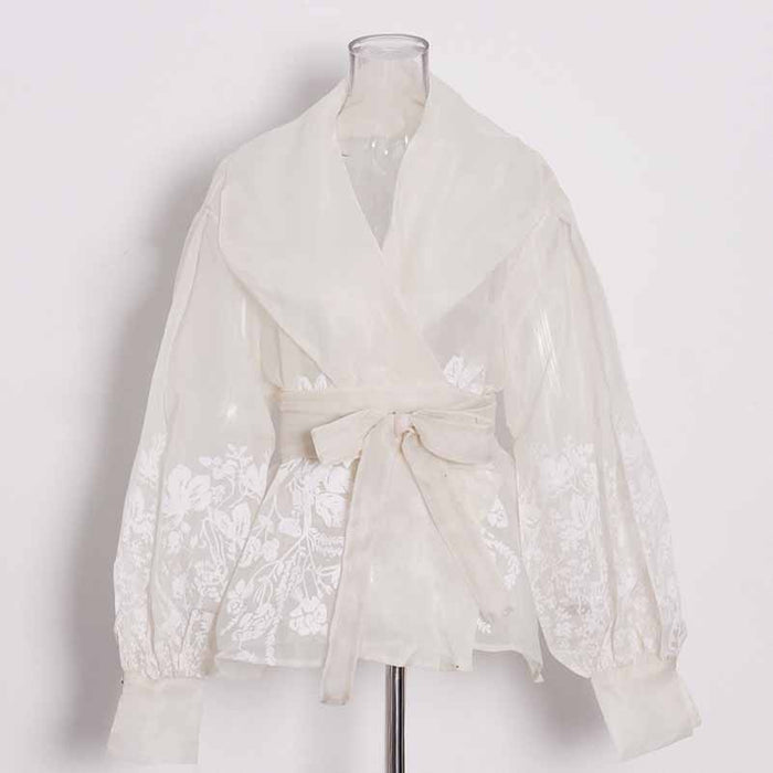 Women French Court Style Printed Shirt Lace Up Blouse