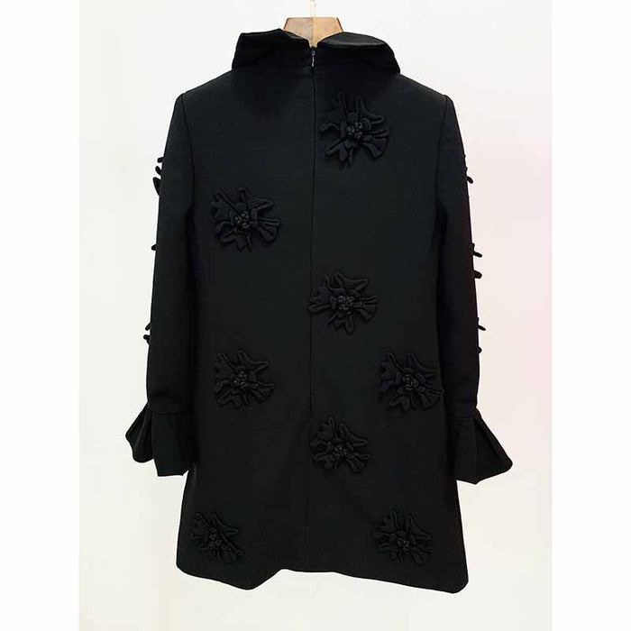 Women Hand Made 3D Flowers Flare High Neck and Cuffs Mini Dress Hot Pink / Black