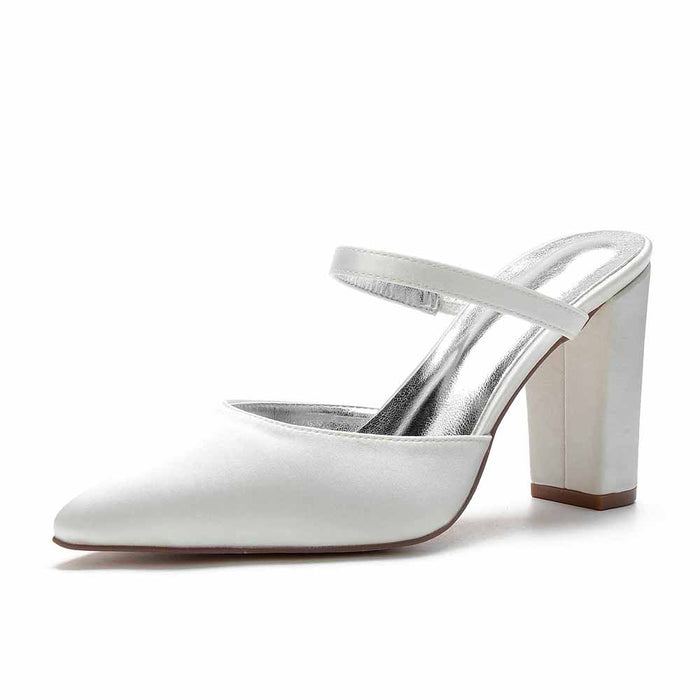 Women hand-made chunky heels party satin slippers