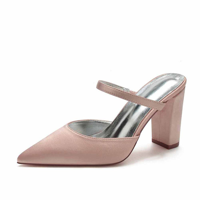 Women hand-made chunky heels party satin slippers