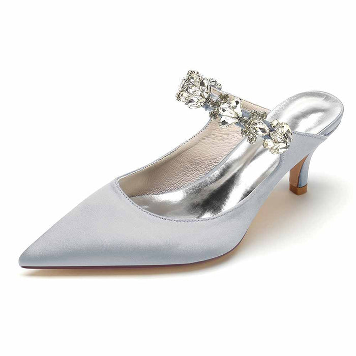 Women hand-made low heels party satin slippers with rhinestones