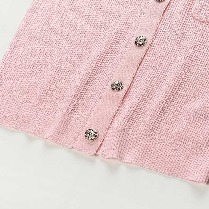 Women Knit Cardigan O-Neckline Cropped Top Short Sleeve Knitted Slim Coat