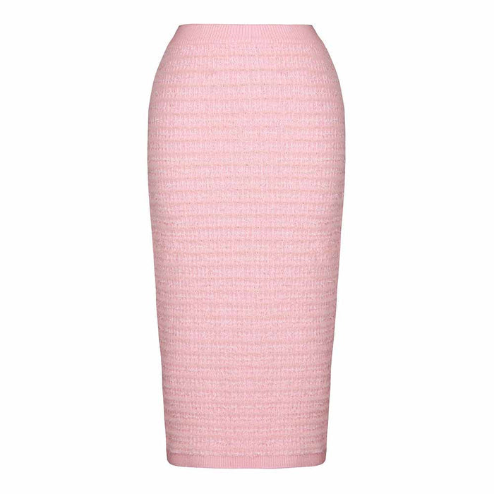 Women Knitted Midi Skirt Suit Pearl Embellished Two Pieces Set