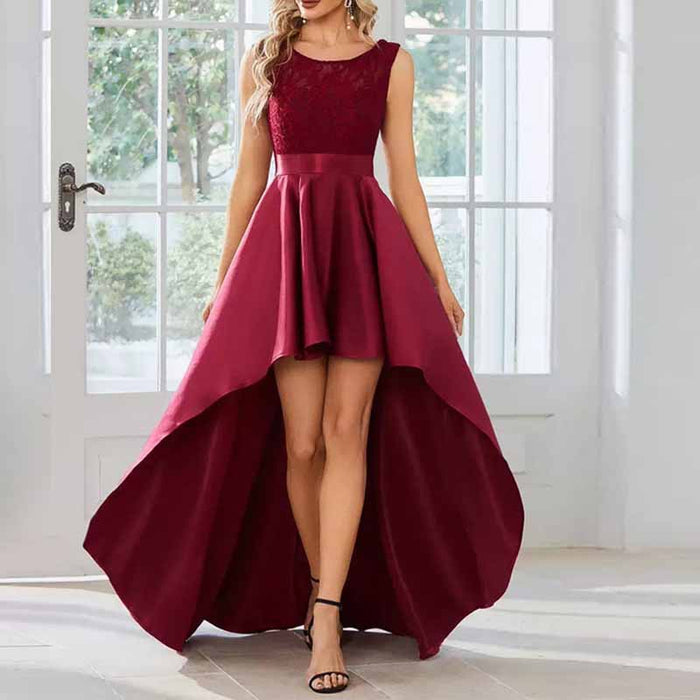 Women Lace and Satin Bridesmaid Dress High-Low A Line Wedding Guest Dress