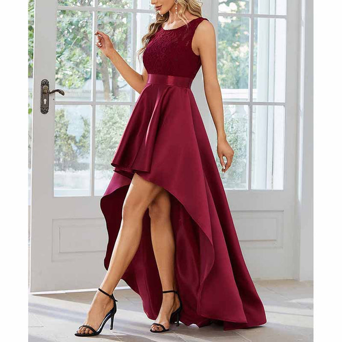 Women Lace and Satin Bridesmaid Dress High-Low A Line Wedding Guest Dress