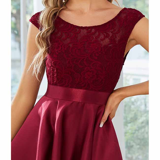 Women Lace and Satin Bridesmaid Dress High-Low A Line Wedding Guest Dress