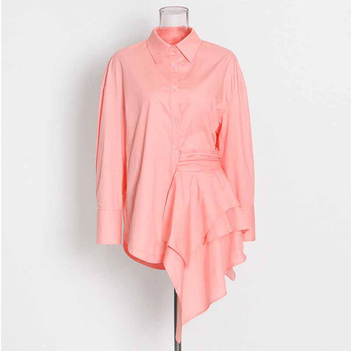 Women Lapel Long-sleeve Loose Shirt Detachable Asymmetric Blouse Top
