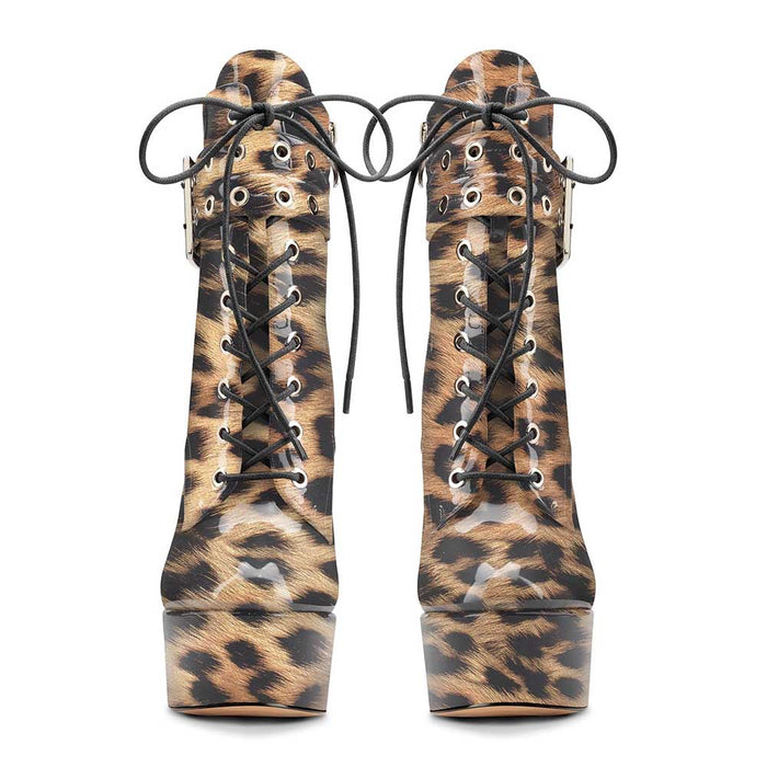 Women Leopard Printing Round Toe Lace Up Ankle Boots Platform Pumps Party Boots