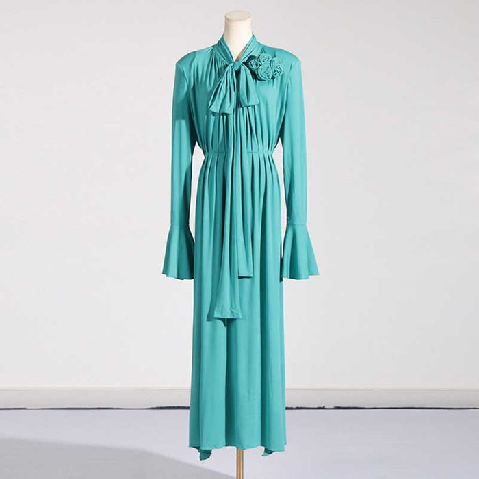 Women Long Flared Sleeve Formal Dress Shoulder Padded High Slit Event Dress