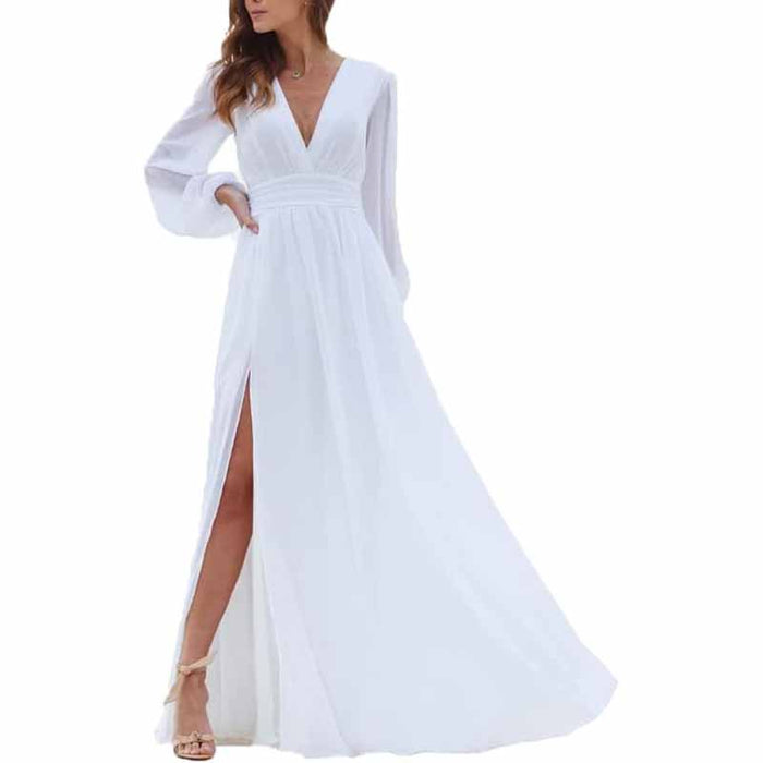 Women Long Sleeve Bridesmaid Dresses Slit Long Pleated Formal Evening Party Gown