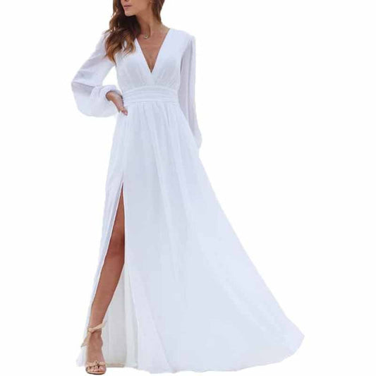 Women Long Sleeve Bridesmaid Dresses Slit Long Pleated Formal Evening Party Gown