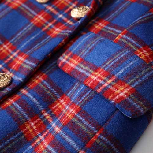 Women Long Sleeve Checked Blazer Coat Blue