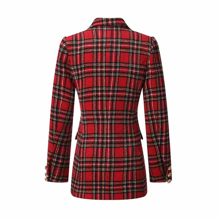 Women Long Sleeve Checked Blazer Coat Red