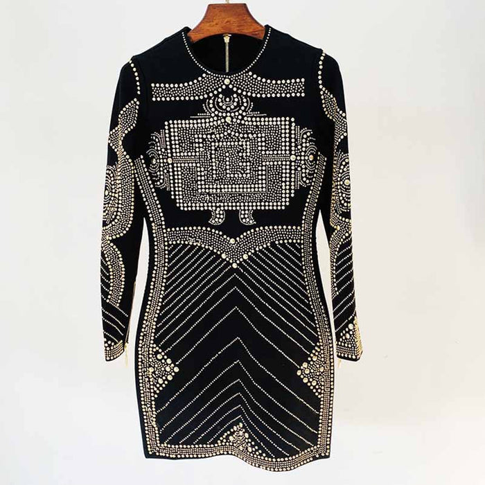 Women Long Sleeve Metal Sheet Bodycon Dress Rhinestone Minidress