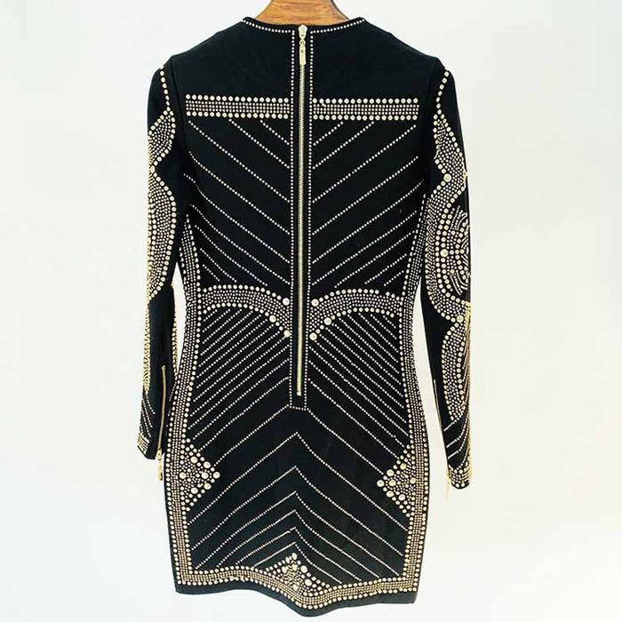 Women Long Sleeve Metal Sheet Bodycon Dress Rhinestone Minidress