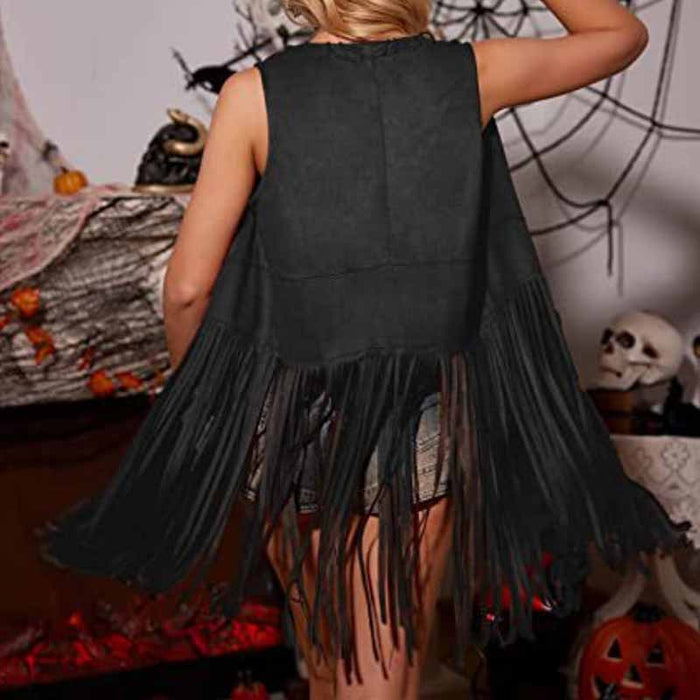 Women Long Suede Fringe Vest Open Front Tassels Cardigan