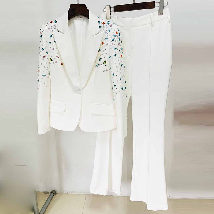 Women Luxury Wedding Suit Nail beaded Blazer + Flare Trousers Suit Pants Suit
