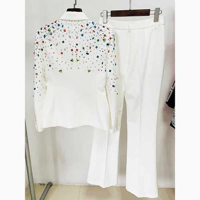 Women Luxury Wedding Suit Nail beaded Blazer + Flare Trousers Suit Pants Suit