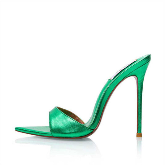 Women Metallic Leather Mules High Heeled Sandals