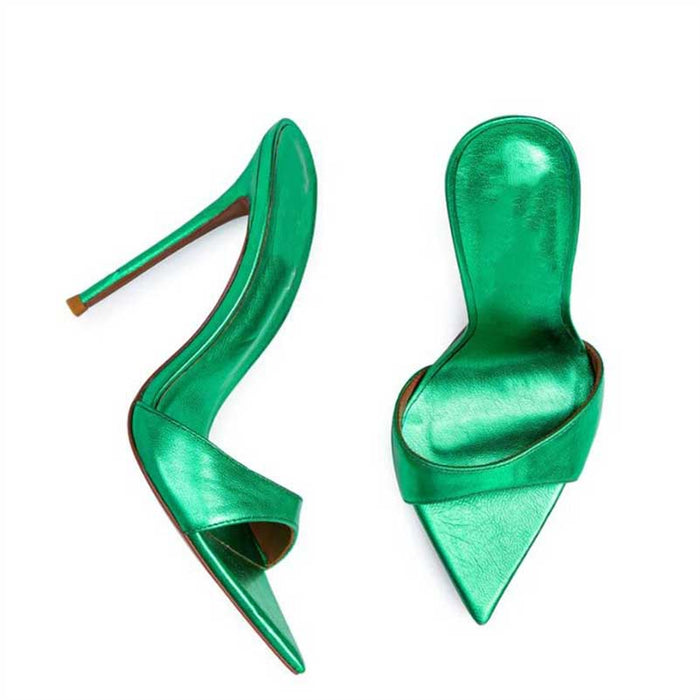 Women Metallic Leather Mules High Heeled Sandals