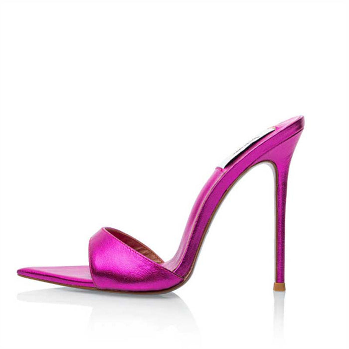 Women Metallic Leather Mules High Heeled Sandals